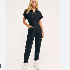 Free People Marci Coverall Black Denim Jumpsuit - Medium